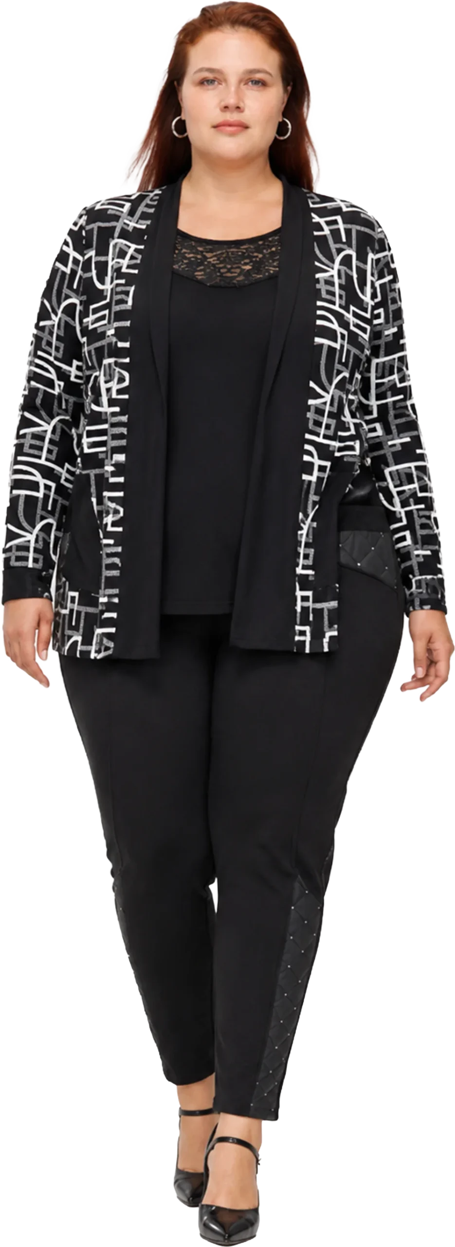 Crystal Fashions plus size boutique clothing — printed cardigan and lace-trim top, sizes XS to XXXL